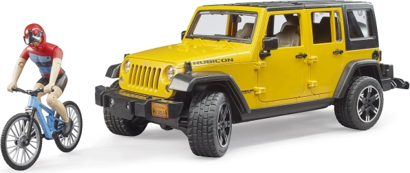 Bruder Jeep Wrangler Rubicon ar riteņbraucēju un velosipēdu