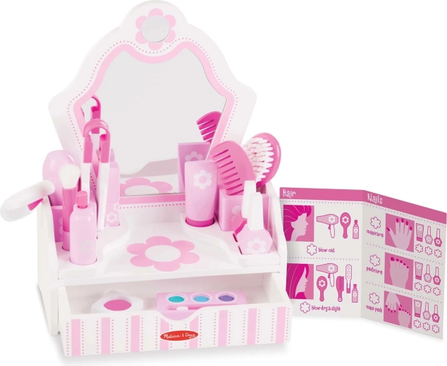 Melissa & Doug bērnu tualetes galdiņš Beauty Salon ar piederumiem (18 daļas)