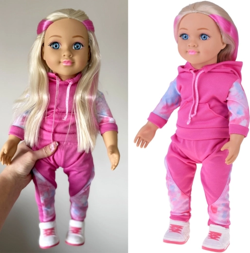 Lelle sporta treniņtērpā 48 cm ar gariem blondiem matiem