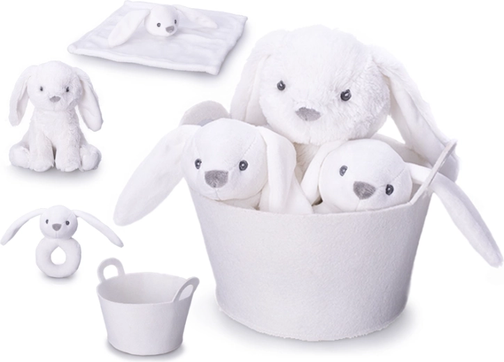 Baby gift set – plush white bunny 20 cm, rattle and comforter in a soft basket