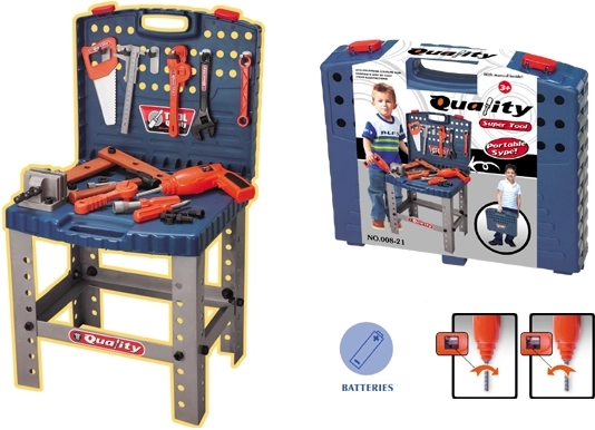 Bērnu koferī ievietojams darbnīcas galds ar instrumentiem un elektrisko urbjmašīnu