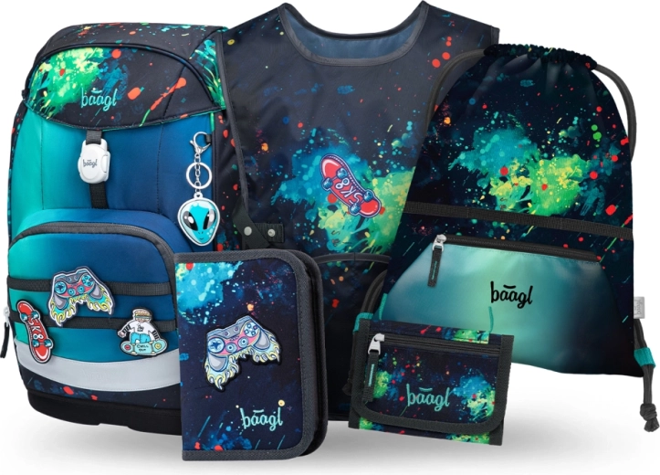 Baagl skolas komplekts Airy Plus Chill – mugursoma, penālis, maisiņš, priekšauts un maks