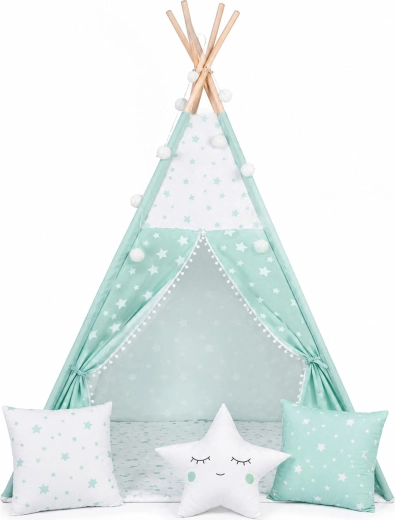 Kids’ teepee with lights – mint with little stars
