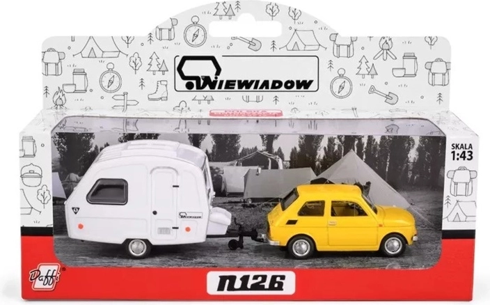 Fiat 126p with yellow Niewiadów caravan trailer (1:43)