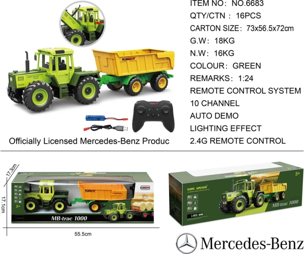 Tālvadības zaļais Mercedes-Benz traktors ar dzeltenu piekabi 1:24