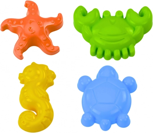 Jūras smilšu veidnes, 4 gab. komplekts: krabis, bruņurupucis, jūras zvaigzne, jūras zirdziņš - dzeltena, zaļa