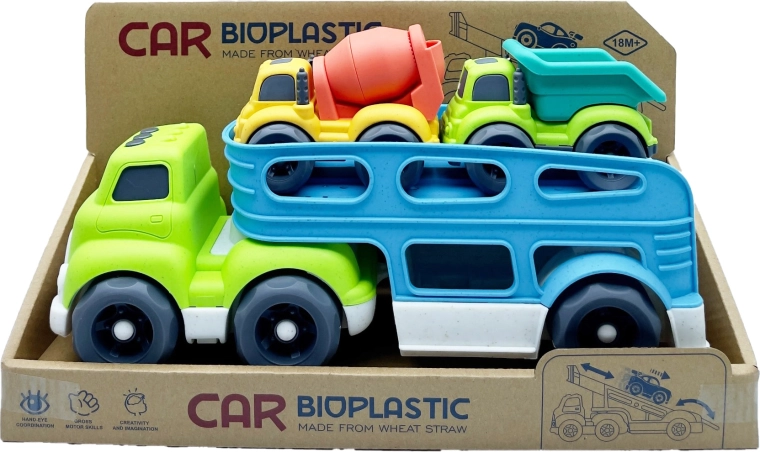 Bioplastic car carrier truck with 2 small vehicles (cement mixer and dump truck) 37 cm