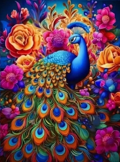 Dimanta gleznošana – pāvs ar krāsainiem ziediem 30 × 40 cm