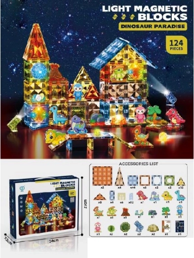 Magnētiskais konstruktors Dino ar gaismas elementiem, 124 detaļas