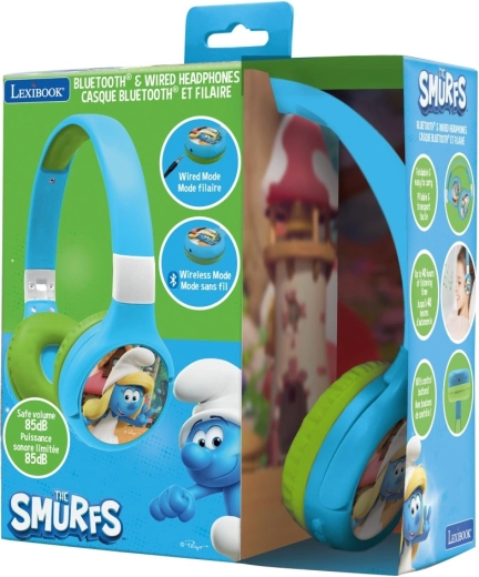 Bērnu salokāmas Bluetooth austiņas ar skaļuma ierobežojumu Smurfi 2v1