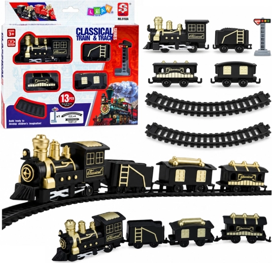 Classic battery-powered train set with locomotive, carriages and tracks – 13 pieces