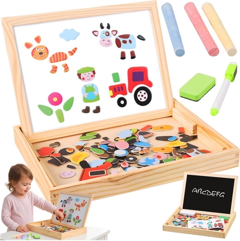 Kruzzel double-sided magnetic and chalk educational board in a wooden box, 108 pieces