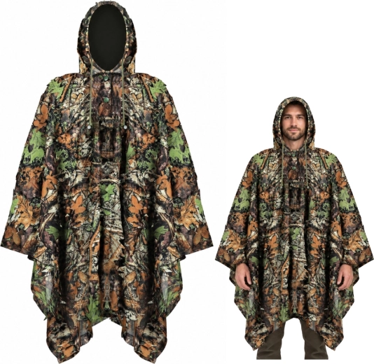 3D camouflage poncho with hood, woodland camouflage, 130 × 110 cm