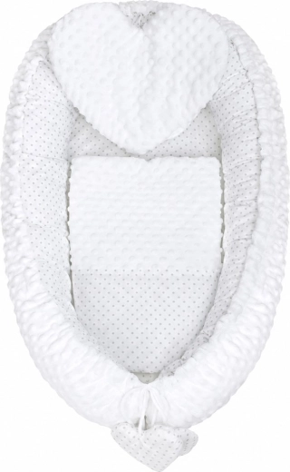 Luksusa mazuļa ligzdiņa New Baby Minky Sirsniņa baltā ar spilventiņu un sedziņu