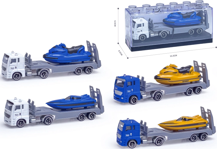 Metāla kravas auto ar motorlaivu 1:64 (vairāki veidi)
