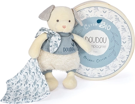 Dāvanu komplekts Doudou – plīša sunītis ar sedziņu no BIO kokvilnas 22 cm