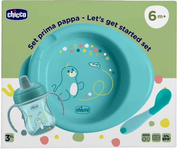 Chicco sākuma komplekts barošanai – šķīvis, treniņkrūzīte un karotīte, zils 6m+