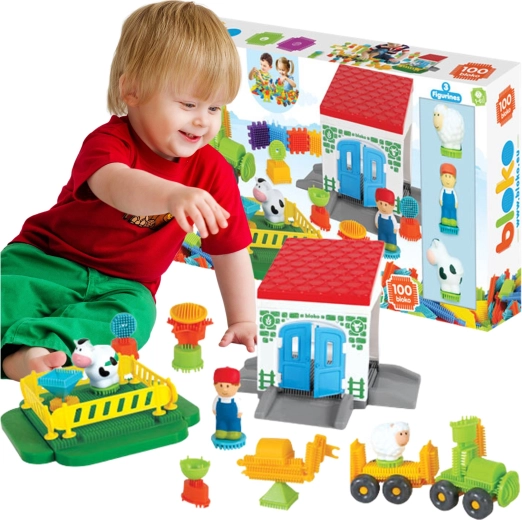 Mochtoys Building Blocks Pin Bricks Farm in a Box 100 pcs + 3 Figures
