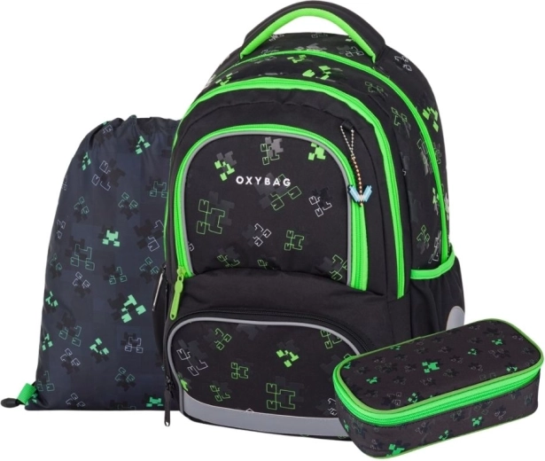 Skolas komplekts OXY NEXT Green Cubes – mugursoma, penālis un maisiņš