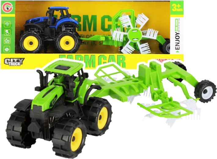 Farm tractor with pull-back rake attachment