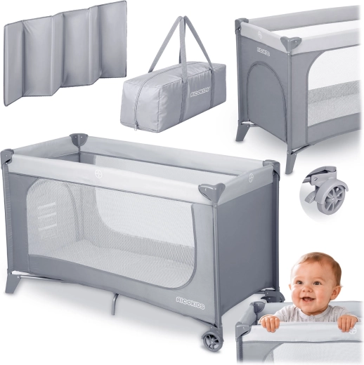 Ricokids travel cot with mattress and carry bag, light gray