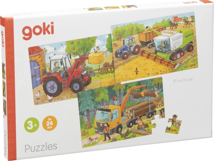 GOKI wooden farm machinery puzzles, 3 × 24 pieces