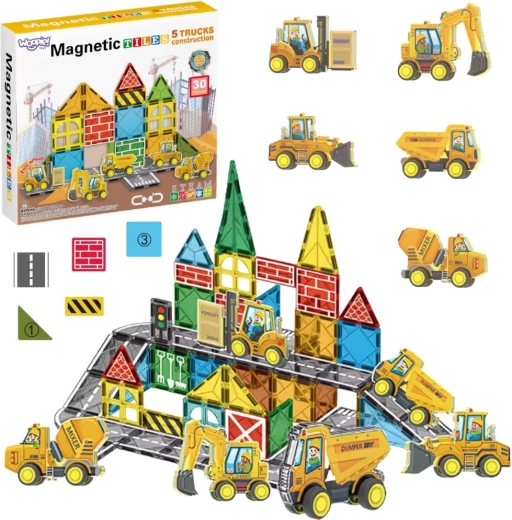 Woopie magnetic building blocks with construction machines, 30 pieces