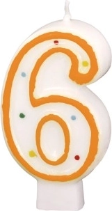 Dzimšanas dienas svecīte ar ciparu 6, balta ar krāsainiem punktiņiem
