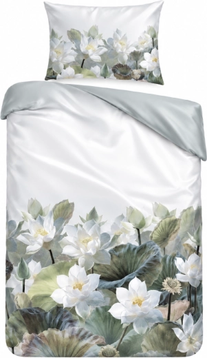 Cotton satin bed linen NOBILE Water Lilies, white-green, 140 × 200 cm