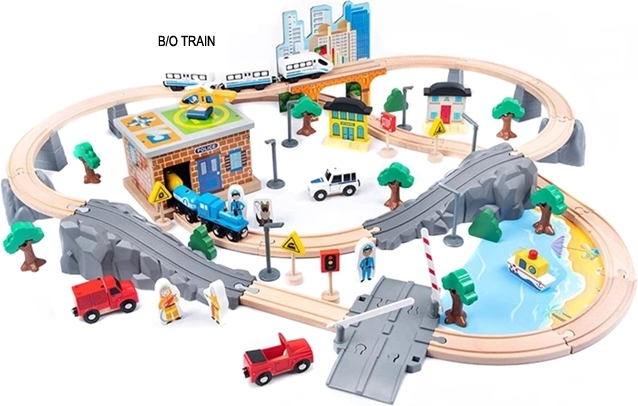 Battery-powered wooden train set, 95 pieces