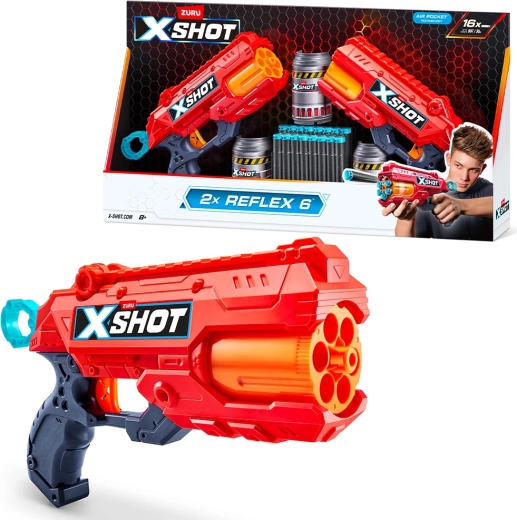X-Shot Reflex 6 – komplekts ar 2 pistolitēm, skārdenēm un šautriņām