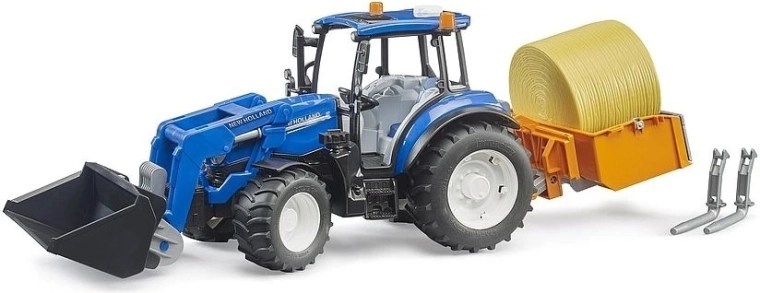 Bruder traktors NEW HOLLAND T5.120 ar frontālo iekrāvēju, kravas kasti, dakšām un siena rulli