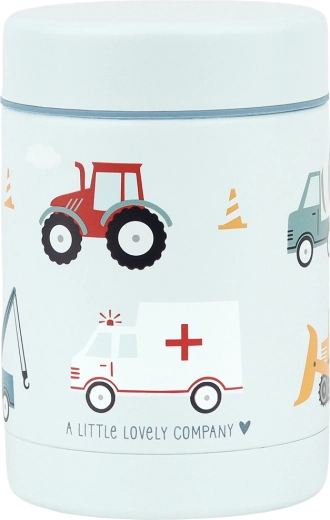 A Little Lovely Company insulated stainless steel food container with a vehicle design