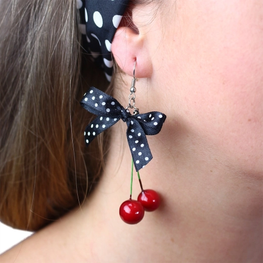 Cherry earrings with polka dot ribbon