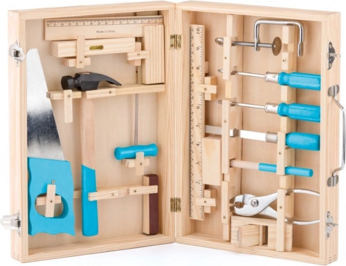 Complete wooden tool set in a well-organized case