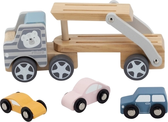 Trīs krāsainas koka mašīnītes komplektā