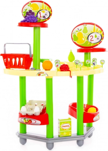 Krāsaini pārtikas produkti un grozs realistiskiem pirkumiem