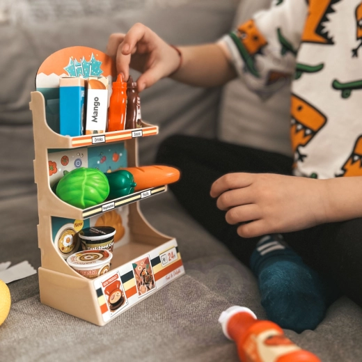 Shelving and scale for real shop play