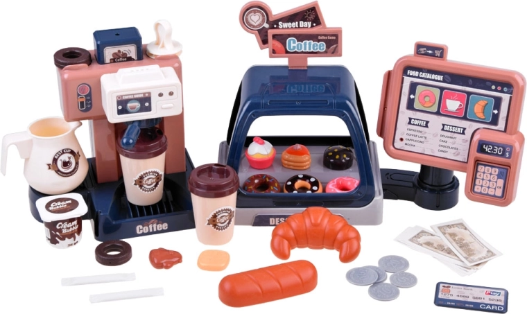 Vitrīna un bagātīgs piederumu komplekts spēlei kafejnīcā