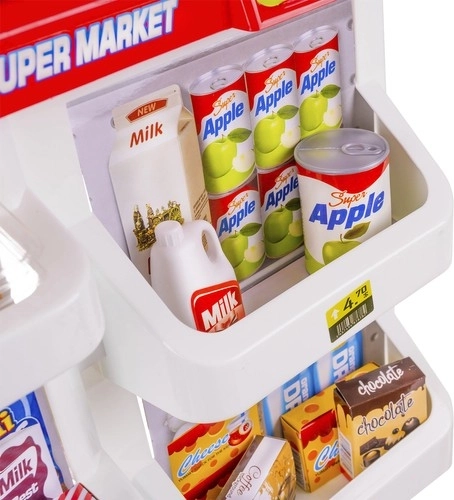 Labi piepildītas plauktu rindas un reālistiski pārtikas produkti