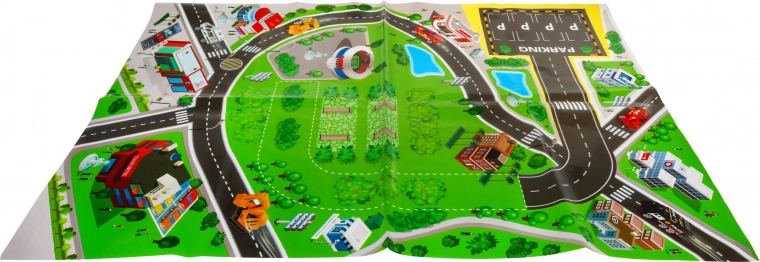 Liels spēļu paklājs ar pilsētu un ceļiem