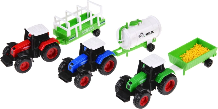 Trīs traktori ar dažādām piekabēm