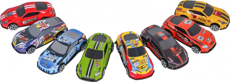 Eight die-cast cars included