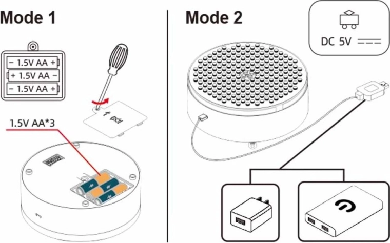 Divkārša barošana: USB 5 V vai 3× AA