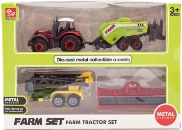 Krāsains traktors un trīs piederumi