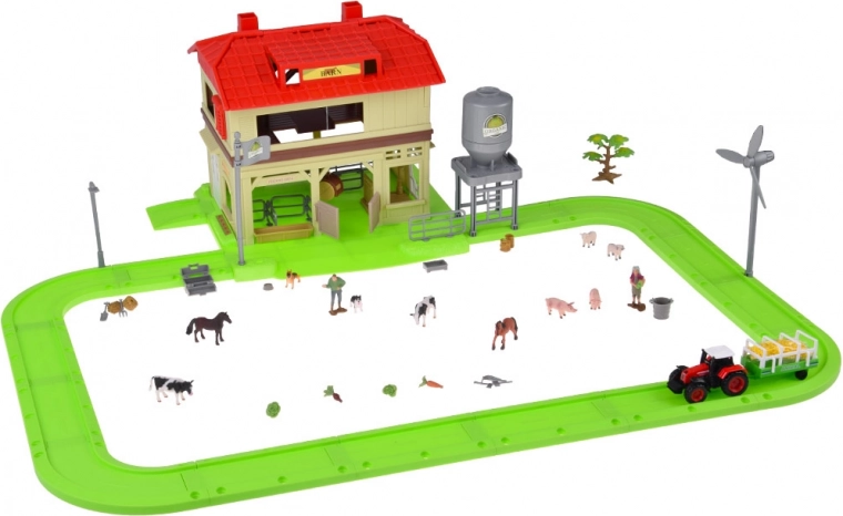 Traktors ar piekabi un dzīvnieku figūras