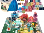 Kruzzel wooden blocks city set with sorter, puzzle and bag (100 pcs)
